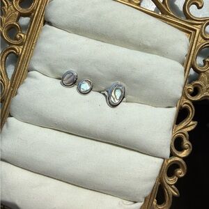 Vintage Avon Abalone Shell Ring and Earrings Set Adjustable Silver Tone
